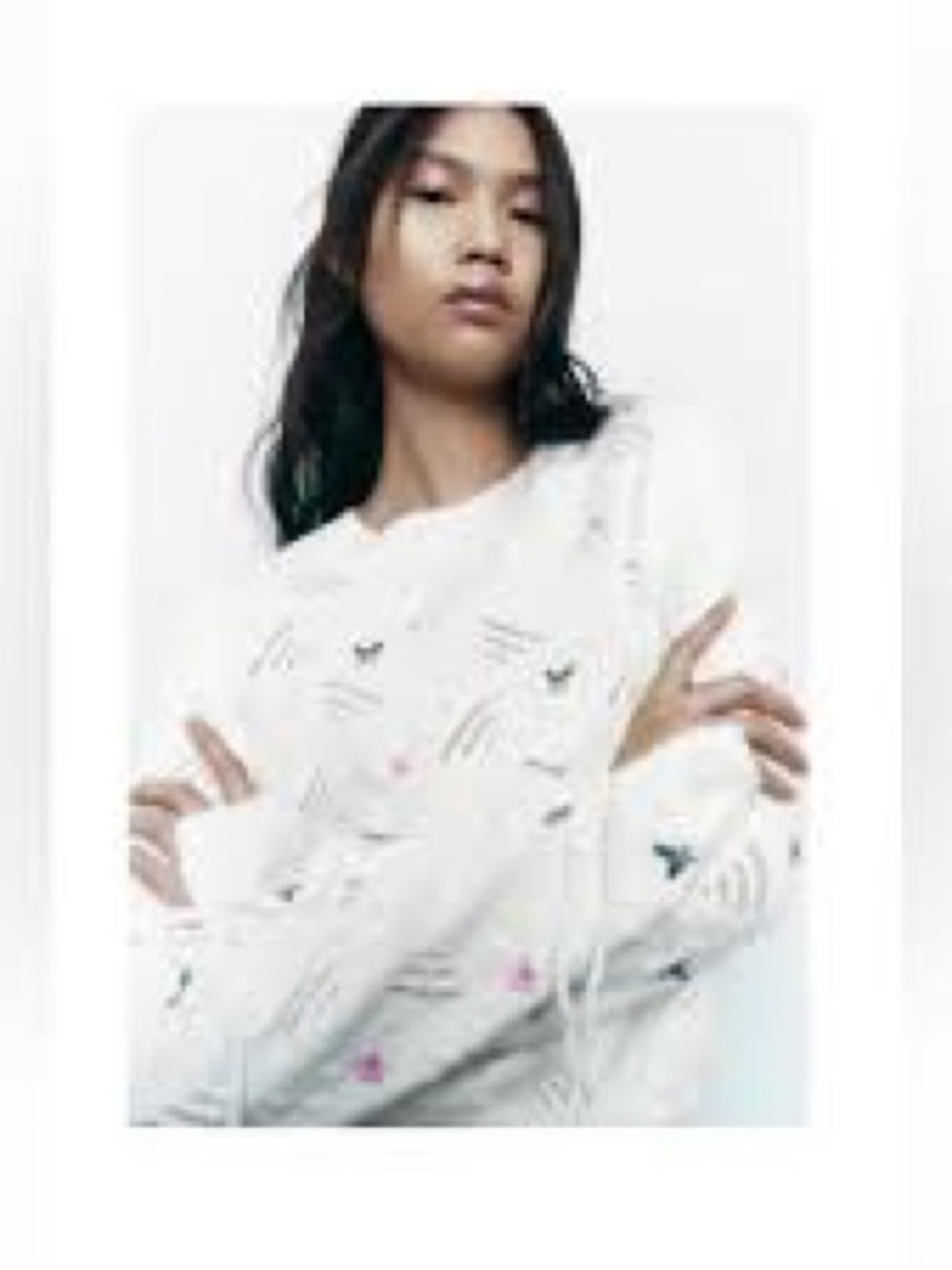 Zara white floral knit sweater with embroidered details and tie cuffs Sz M